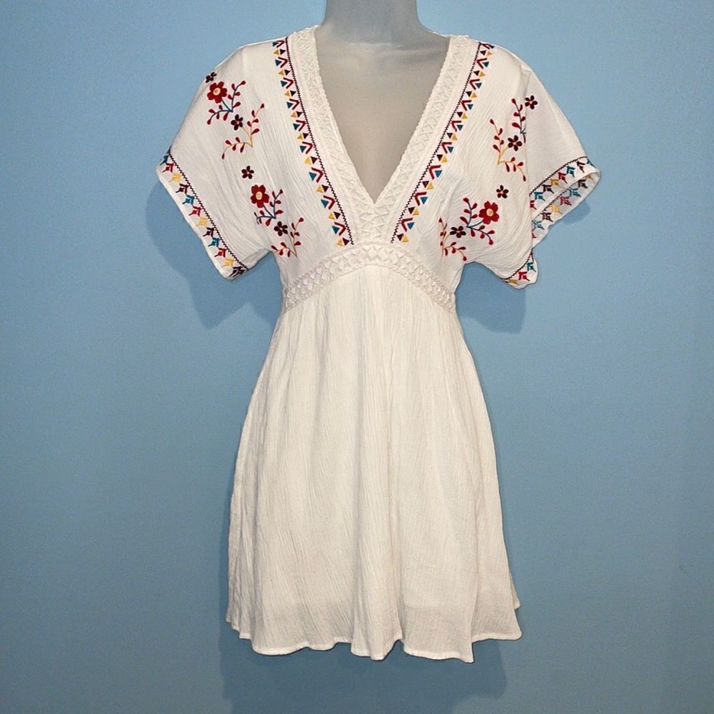 Blue Pair Dress Boho Floral Embroidered Mini  Romantic Dress